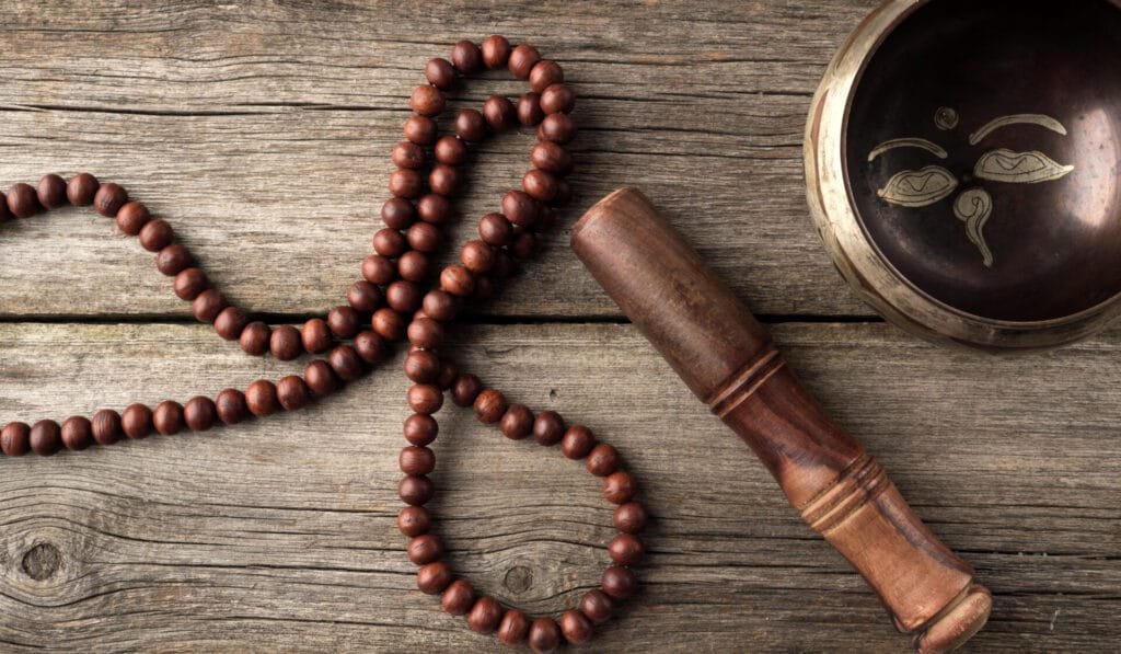cleansing mala beads tibetan singing copper bowl with wooden clapper brown woo